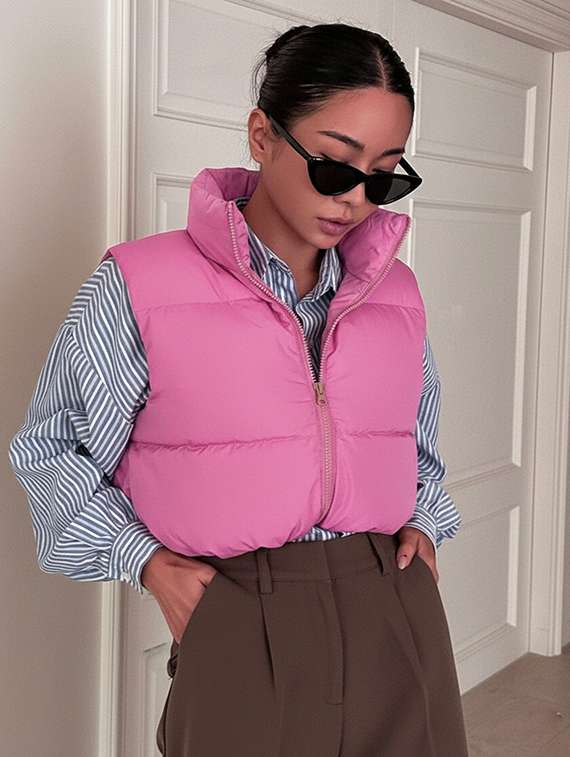 women solid sleeveless puffer jacket - 22228938 -  Standard Image - 5