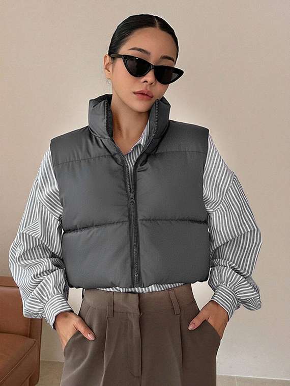 women solid sleeveless puffer jacket - 22228943 -  Zoom Image - 0
