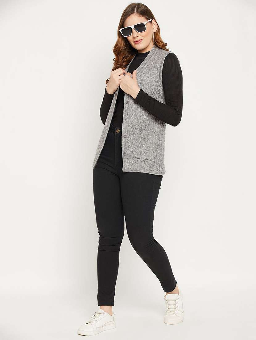 women self designed sleeveless cardigan - 22229275 -  Standard Image - 3