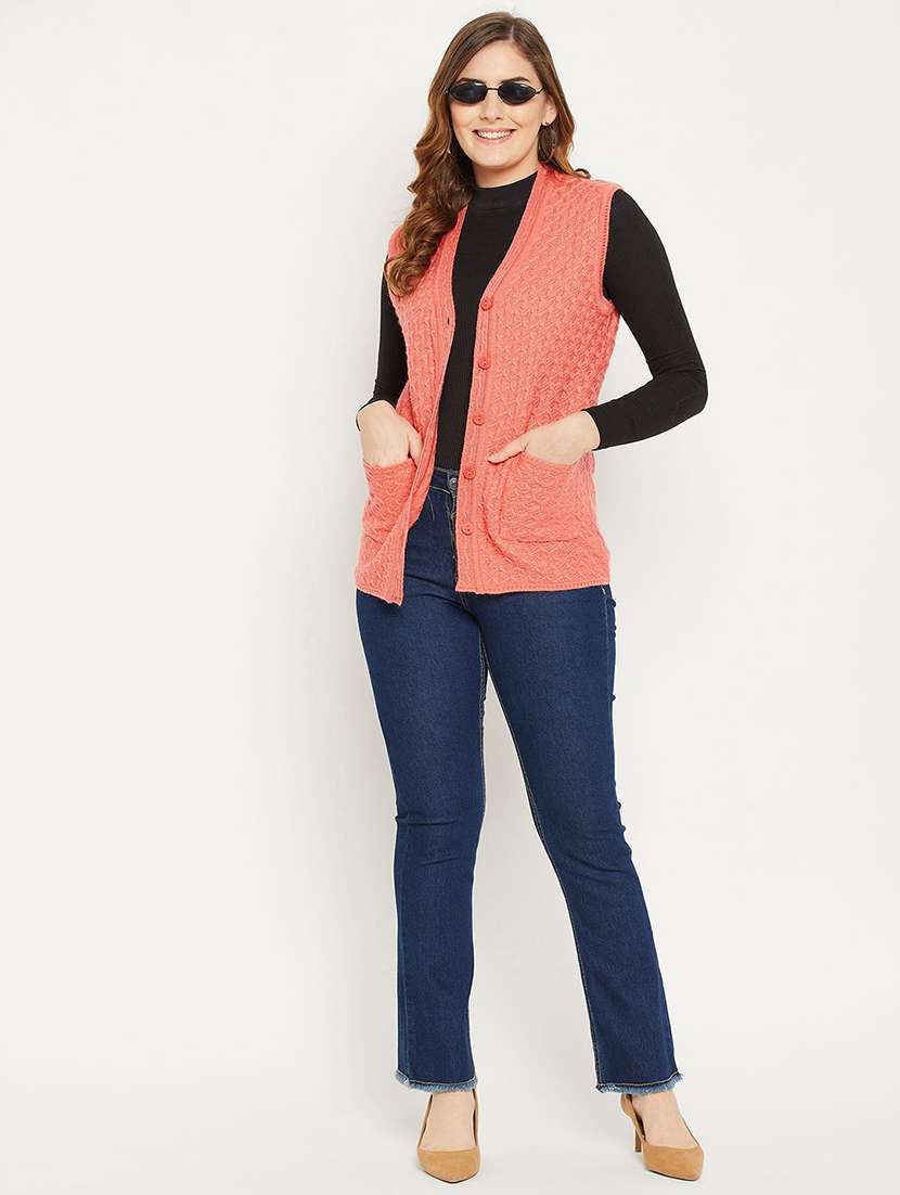 women self designed sleeveless cardigan - 22229285 -  Standard Image - 3