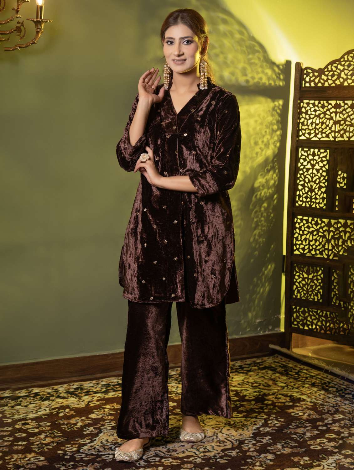 women solid with work three quarter sleeve kurta palazzo set 
