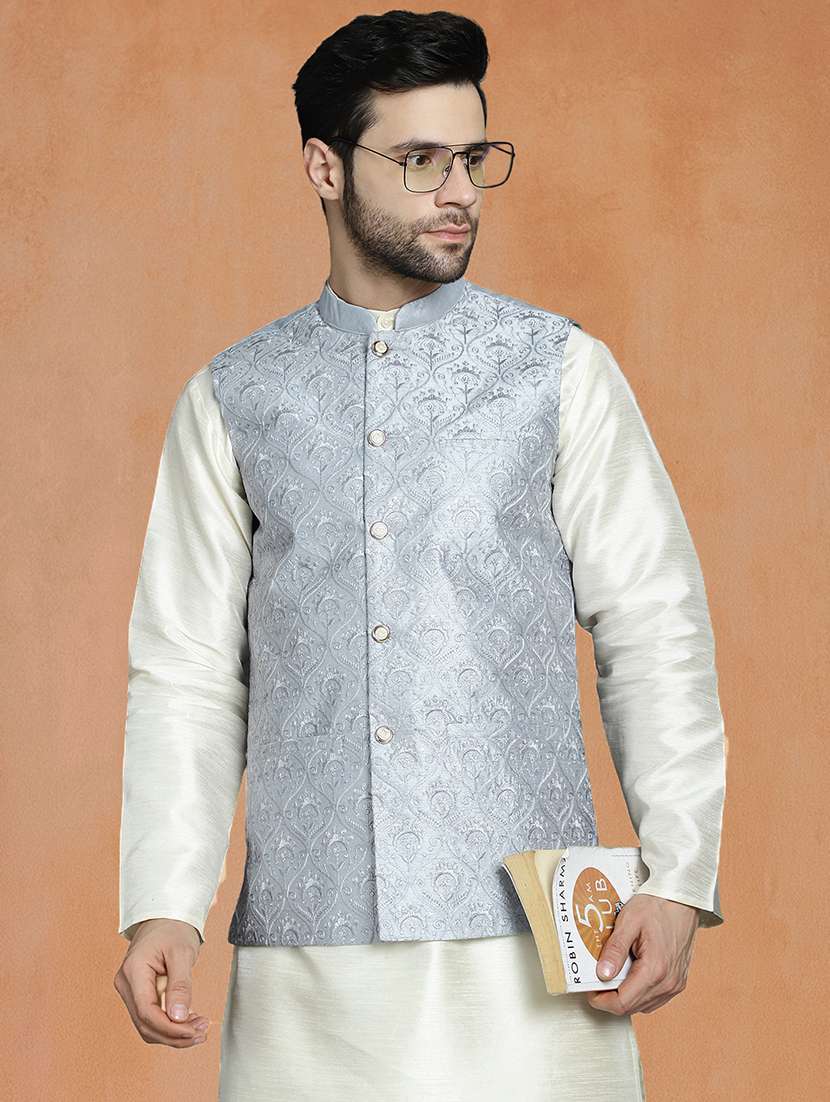 men solid mandarin neck kurta pyjama with jacket ethnic wear set - 22229847 -  Standard Image - 3