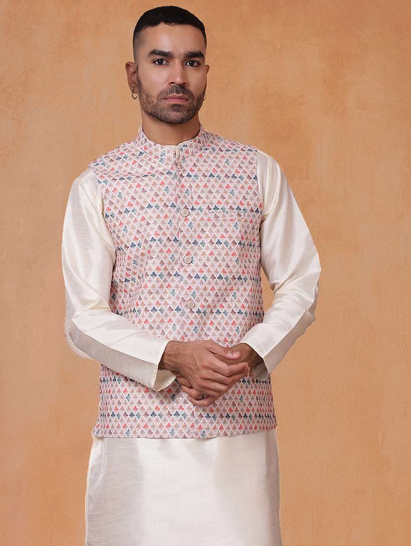 men solid mandarin neck kurta pyjama with jacket ethnic wear set - 22229852 -  Standard Image - 3