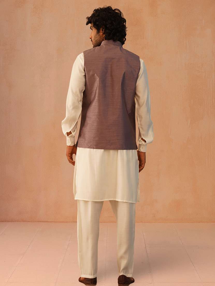 men solid mandarin neck kurta pyjama with jacket ethnic wear set - 22229865 -  Standard Image - 3