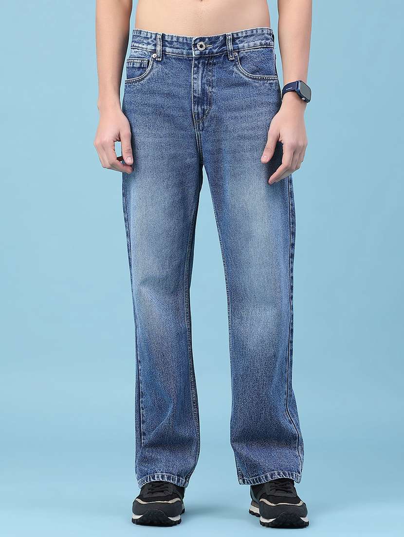 men washed mid rise full length jeans
