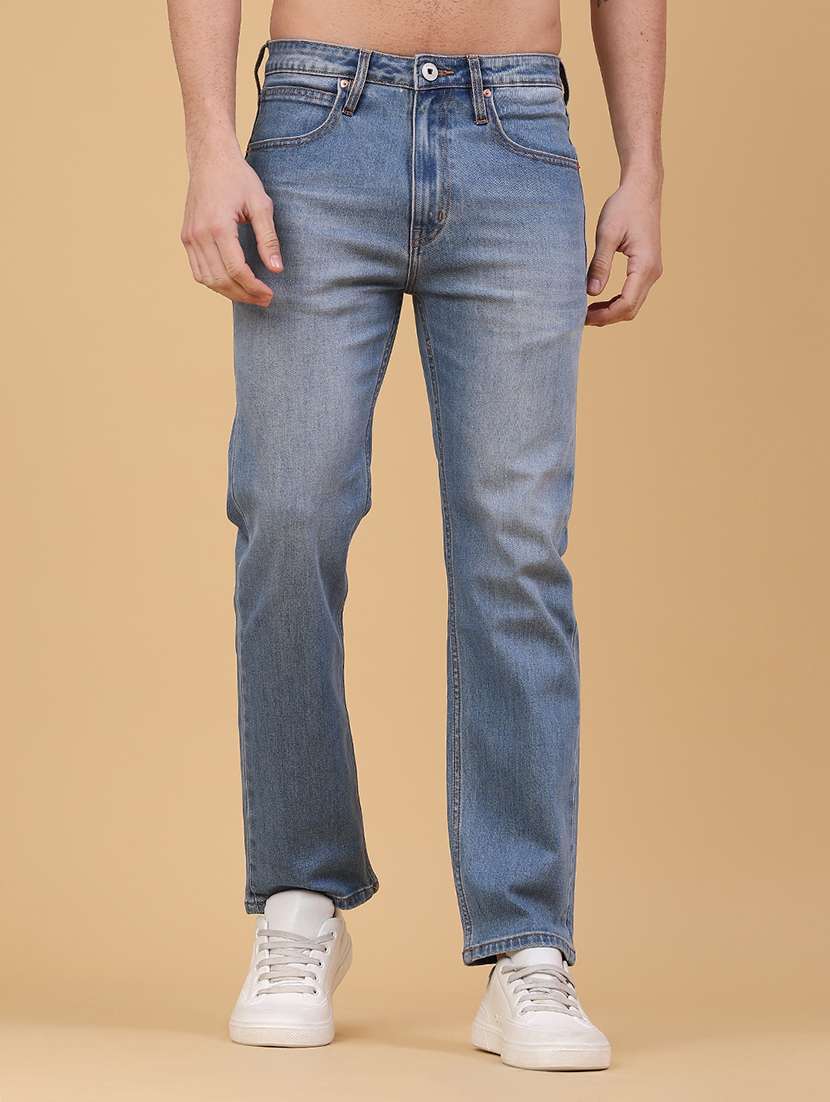 men washed mid rise full length jeans