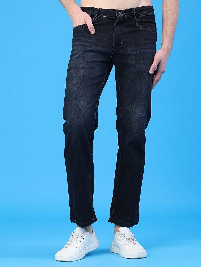 men washed mid rise straight fit jeans