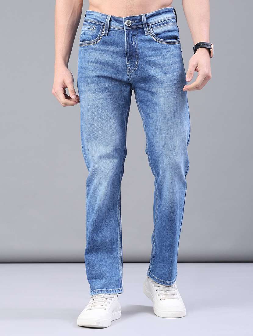 men washed mid rise full length jeans
