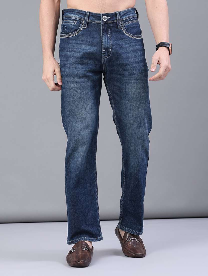men washed mid rise full length jeans