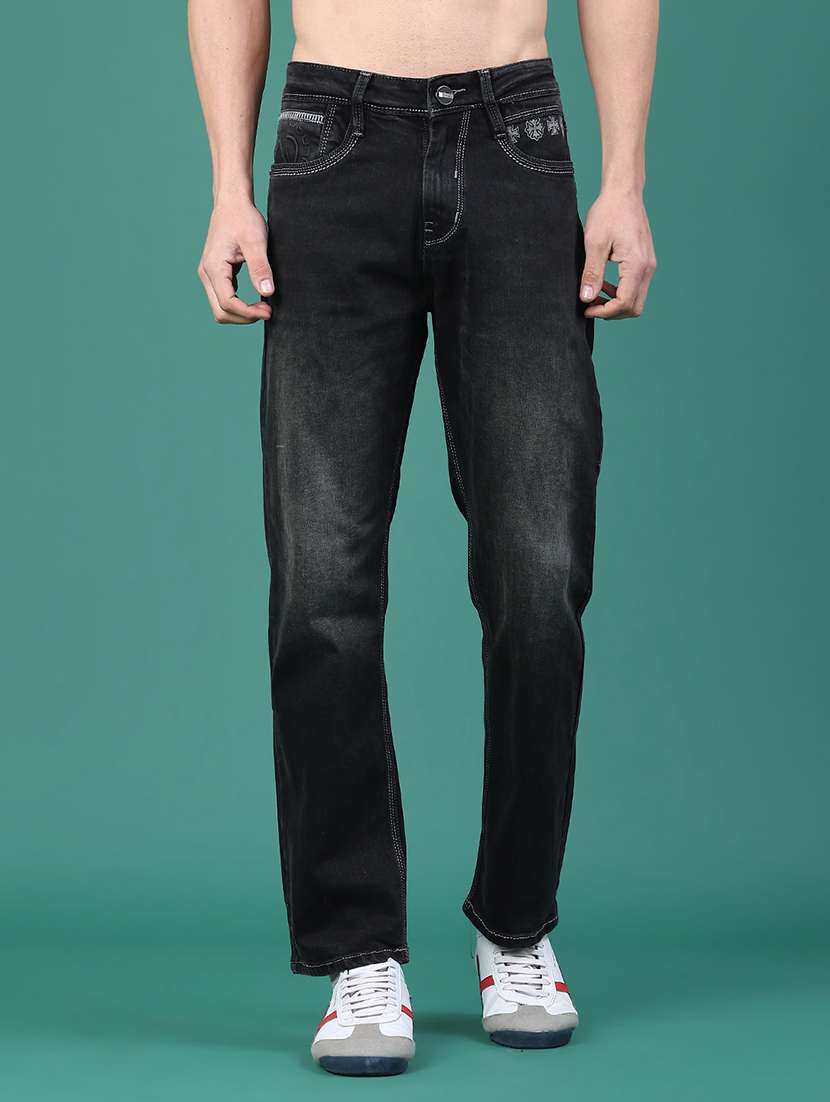 men washed mid rise full length jeans