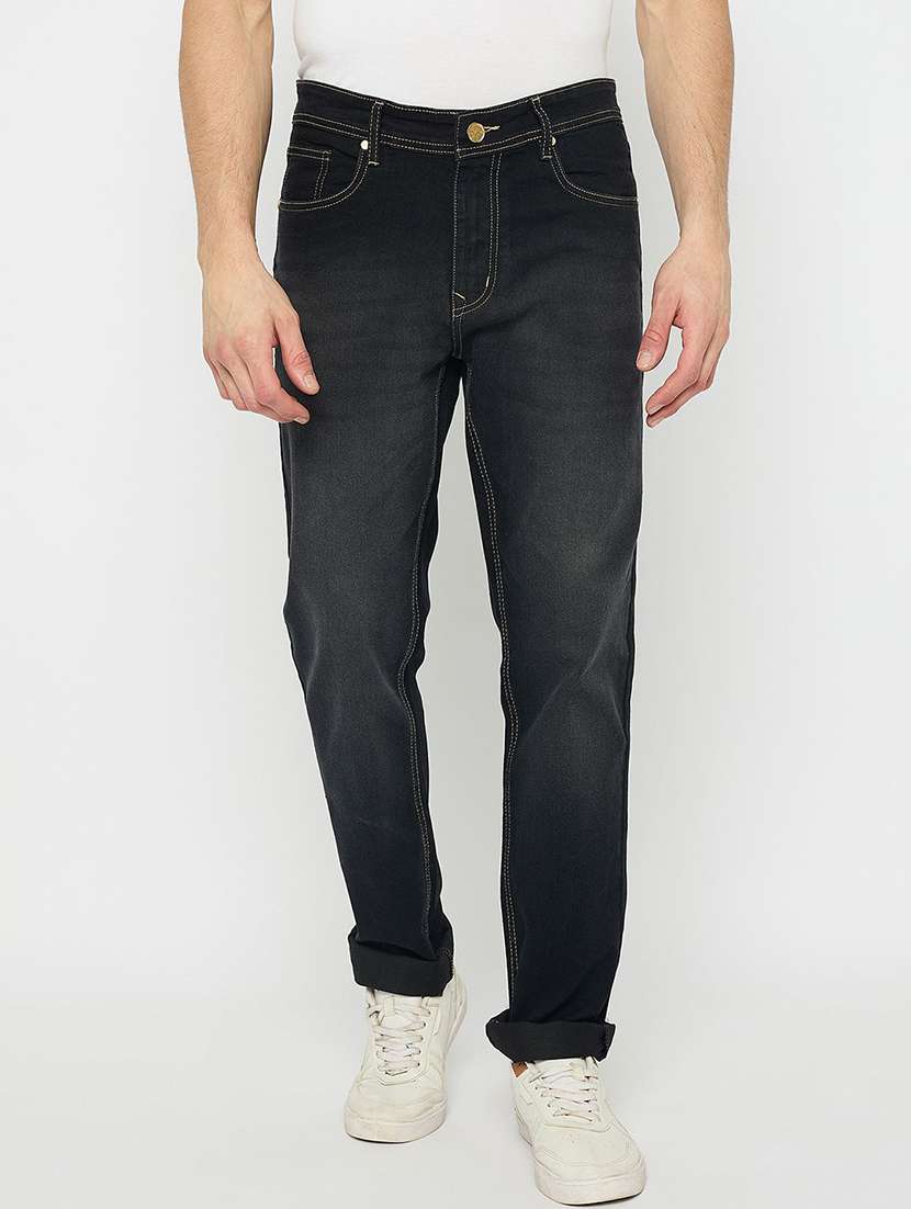 men washed mid rise full length jeans