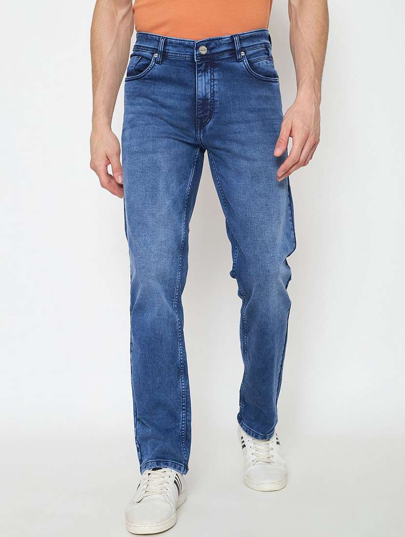 men washed mid rise straight fit jeans