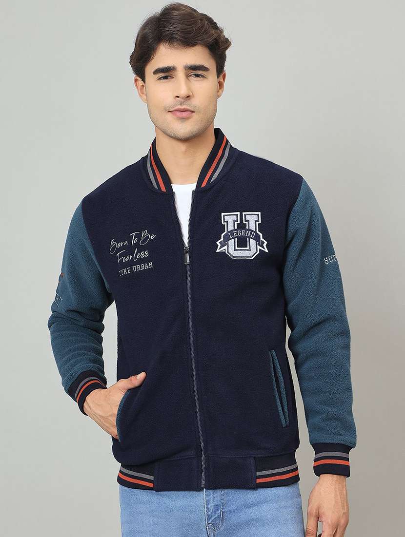 men color block henley neck varsity jacket