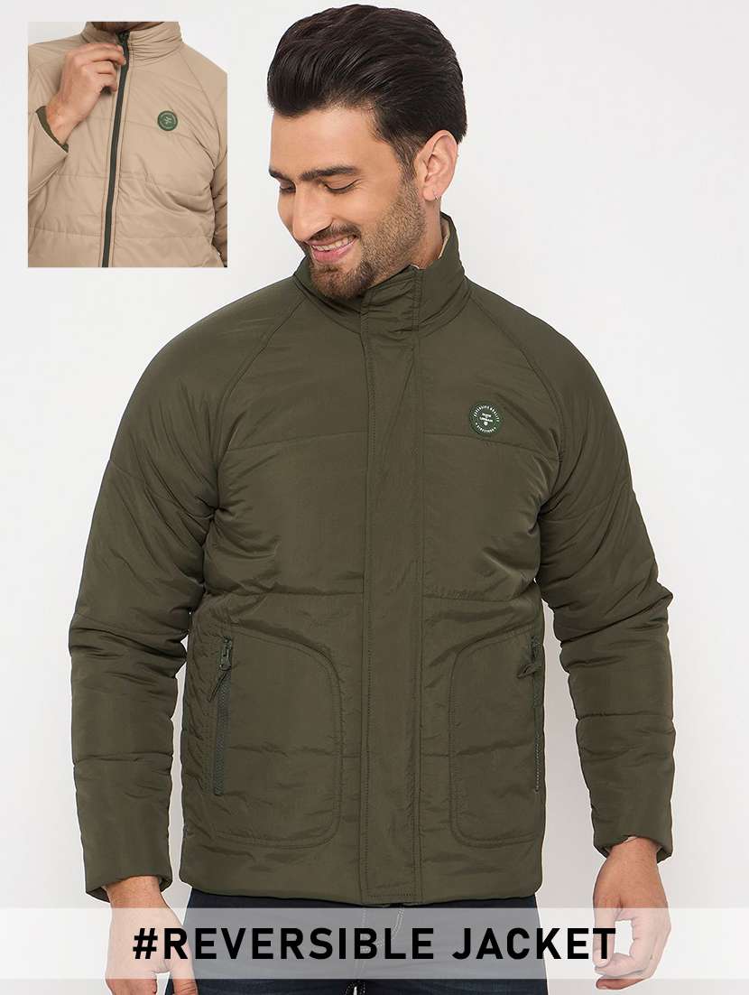 men solid long sleeve reversible puffer jacket