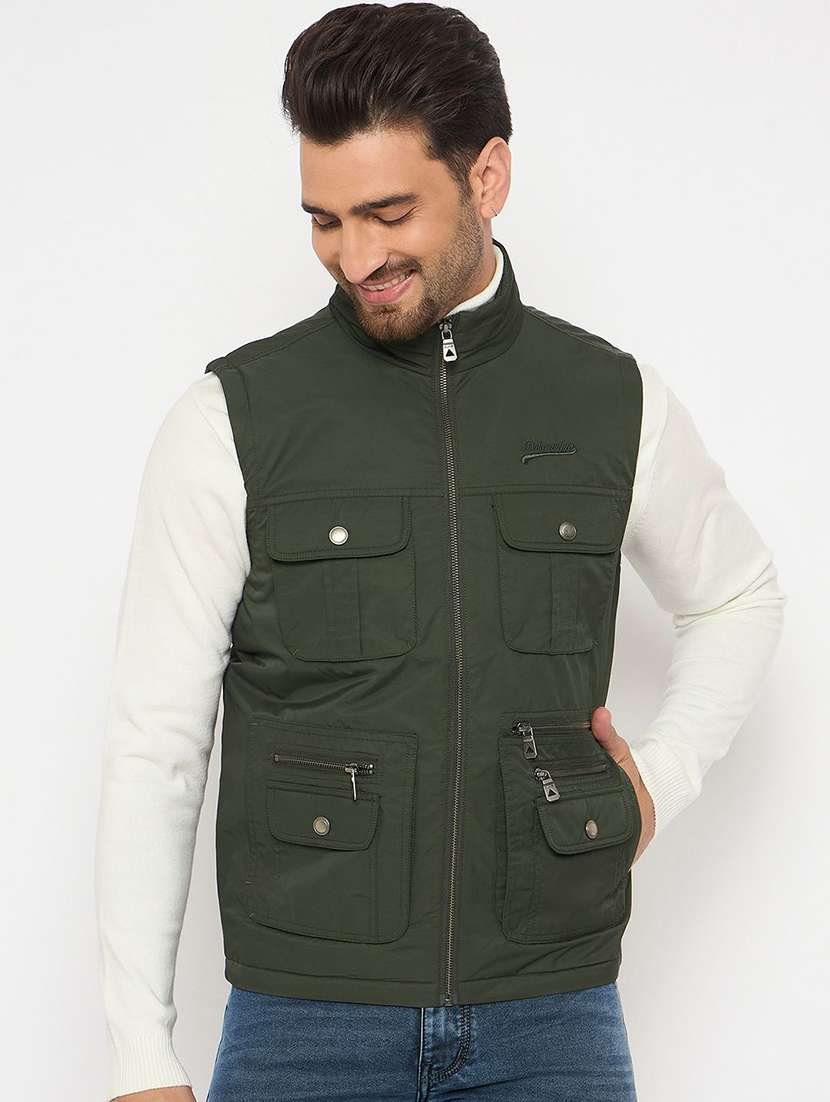 men solid sleeveless bomber jacket