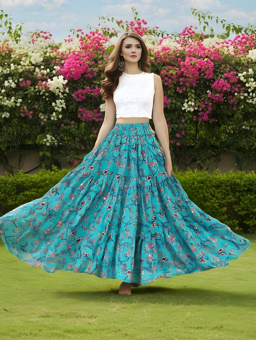 women printed mid rise tiered maxi skirt