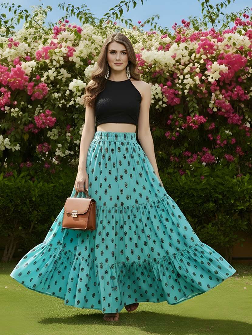 women printed mid rise tiered maxi skirt