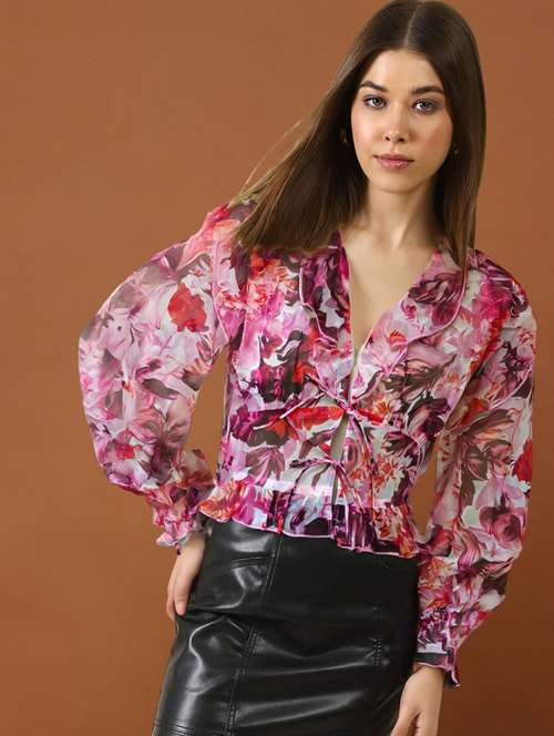 women floral print puff sleeve crop top - 22230811 -  Standard Image - 0