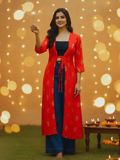 women printed three quarter sleeve long shrug - 22230816 -  Standard Image - 0