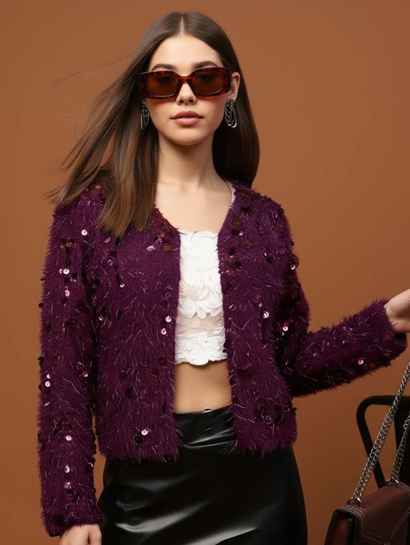 women sequined long sleeve crop shrug