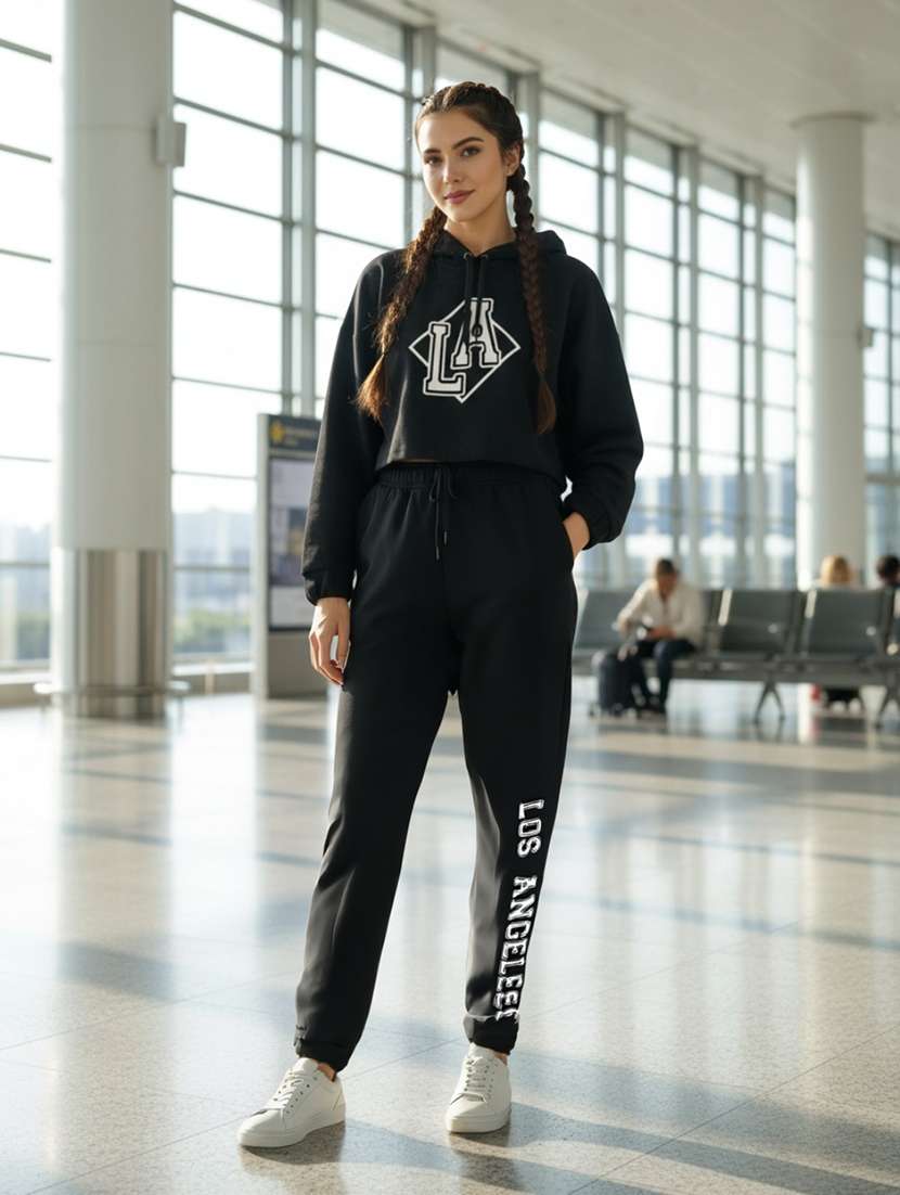 women printed hooded t-shirt & jogger co-ord set