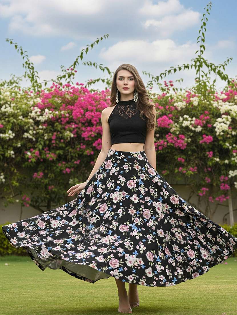 women floral print flared maxi skirt