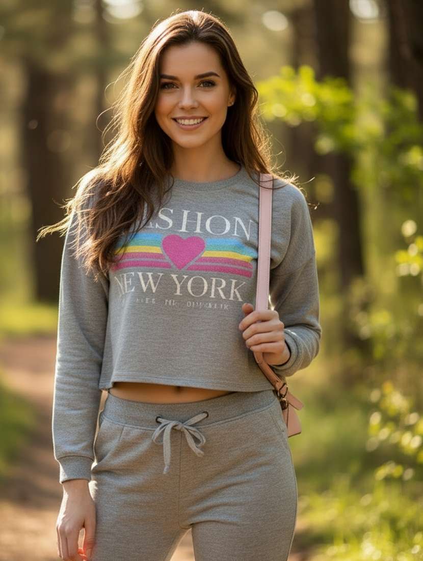 women printed long sleeve crop sweatshirt