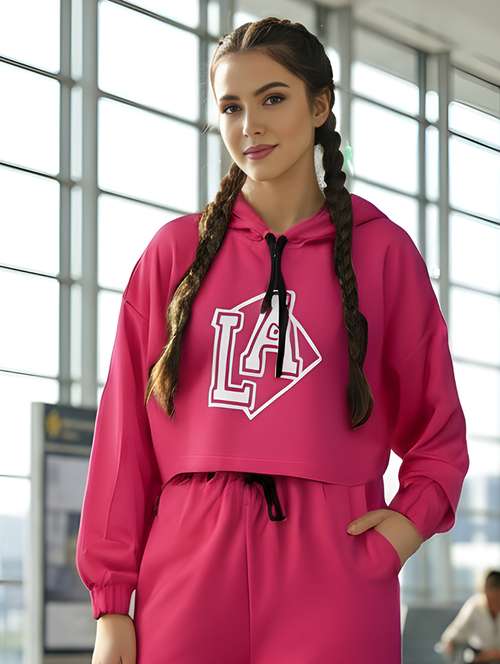 Women Printed Long Sleeve Crop Hooded Sweatshirt