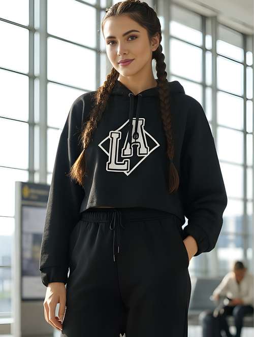 women printed long sleeve crop hooded sweatshirt - 22230947 -  Standard Image - 0