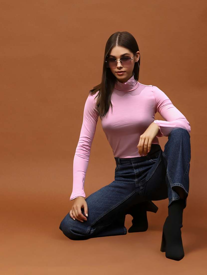 women solid high neck long sleeve top - 22231081 -  Standard Image - 3