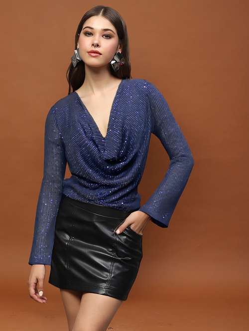 women sequined cowl neck long sleeve top - 22231095 -  Standard Image - 0