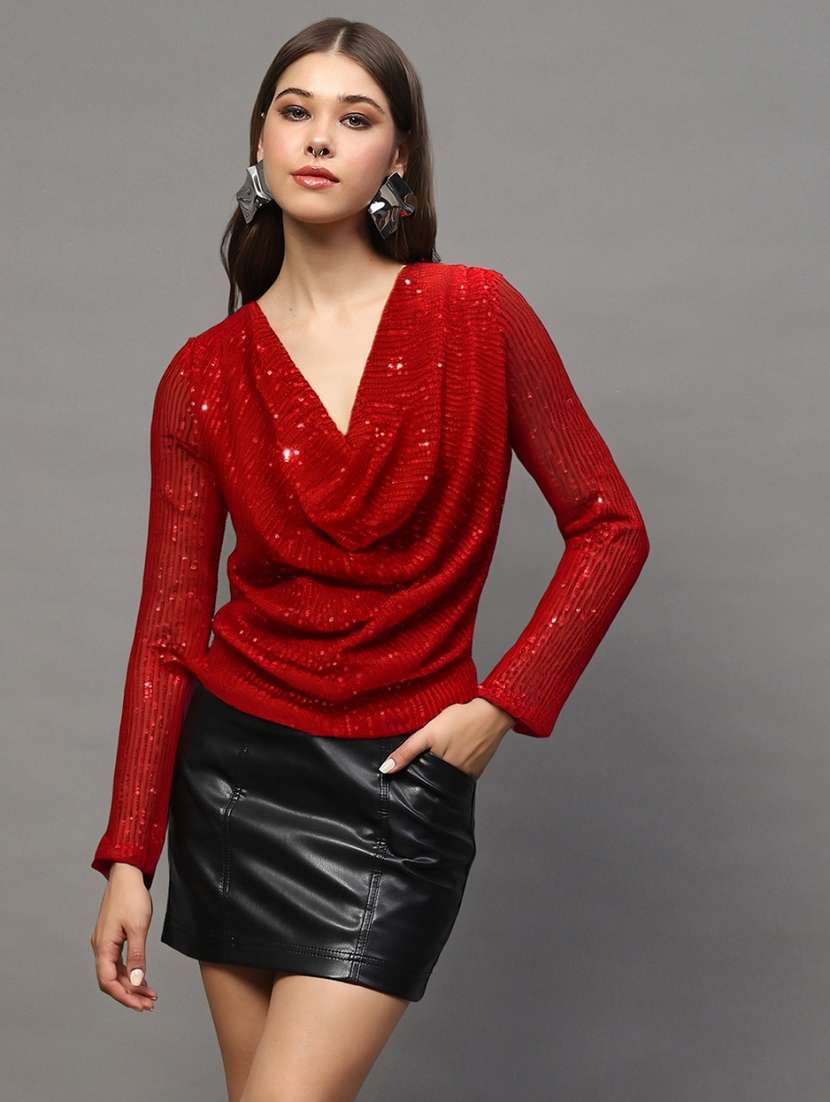 women sequined cowl neck long sleeve top