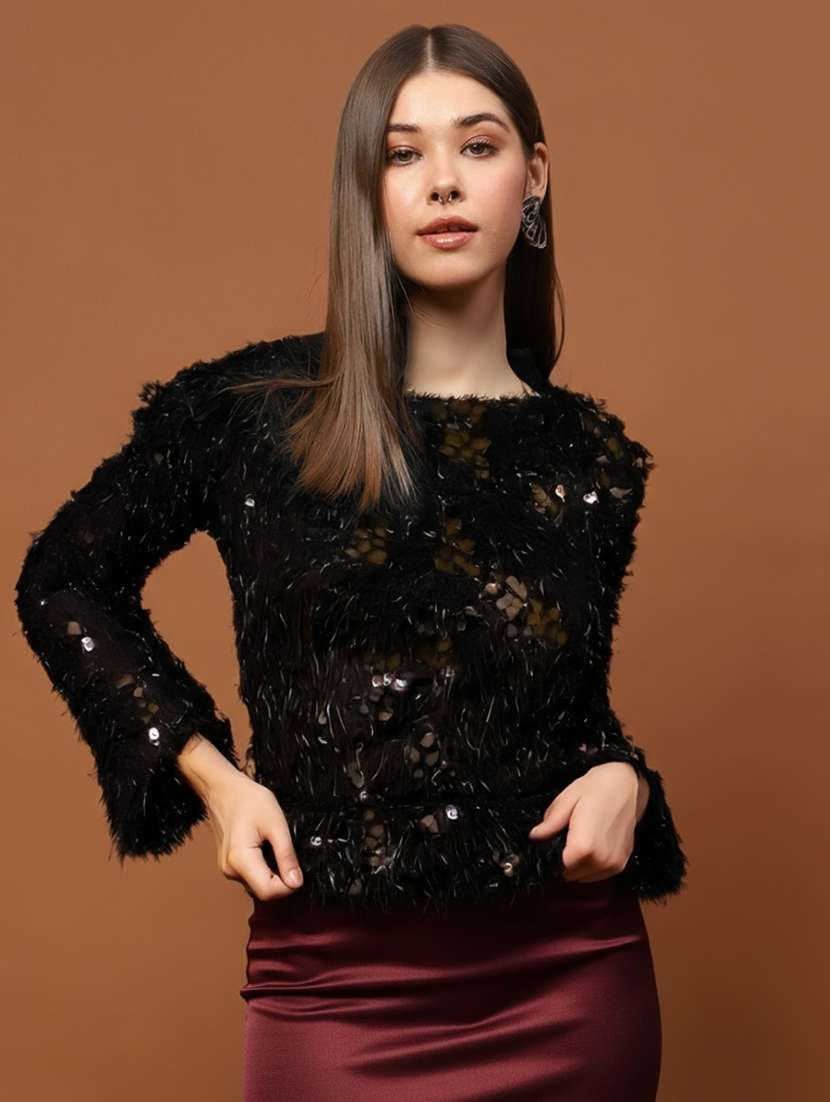 women sequined long sleeve straight top