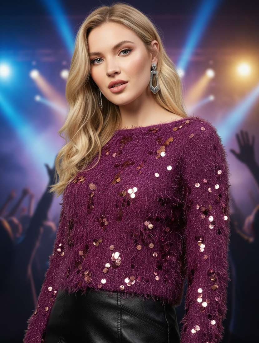 women sequined long sleeve straight top
