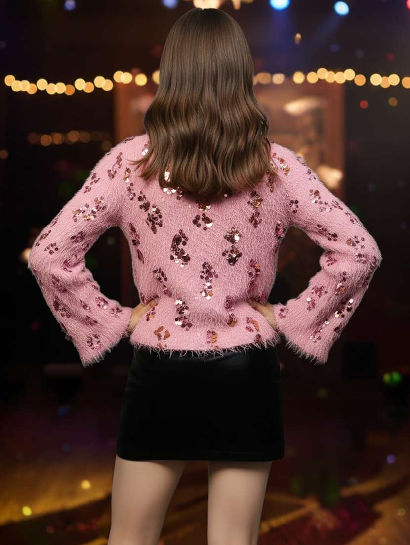 women sequined bell sleeve straight top - 22231112 -  Standard Image - 3