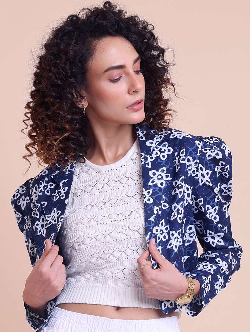 women printed puff sleeve crop ethnic acket