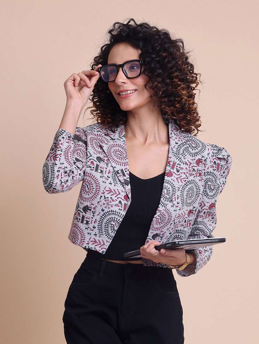 women printed puff sleeve crop ethnic acket