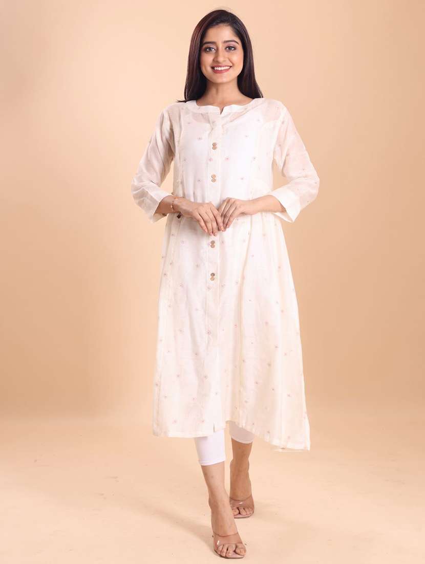 women self design three quarter sleeve a-line kurta