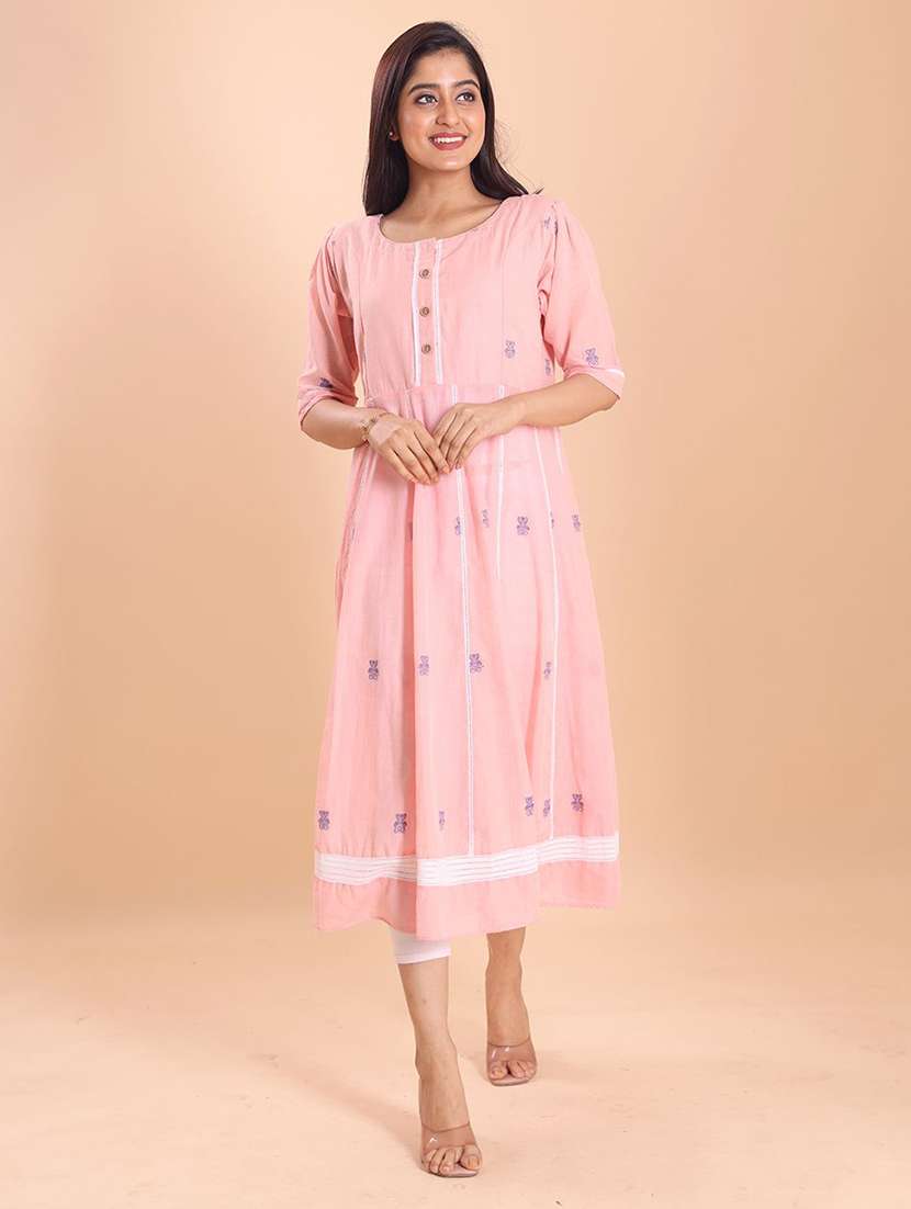 women self design three quarter sleeve a-line kurta