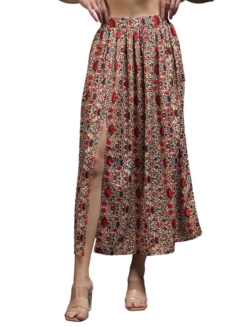 women printed high rise flared skirt