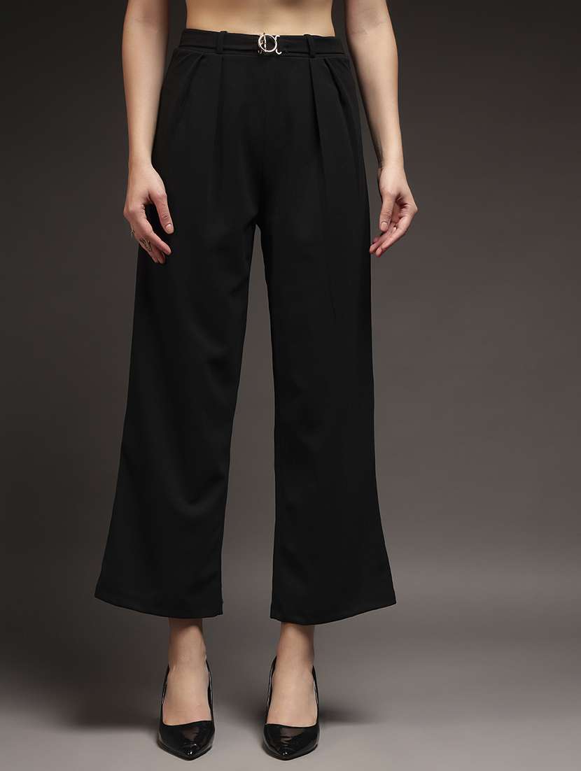 women solid high rise straight trouser