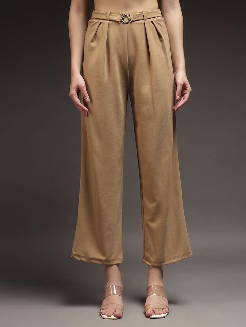 women solid high rise straight trouser