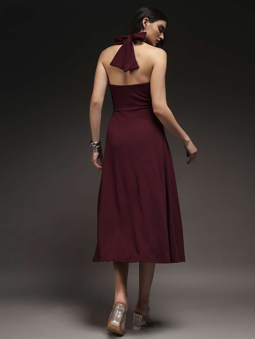 Women Solid Halter Neck Fit And Flare Dress - 22231268 -  Standard Image - 3