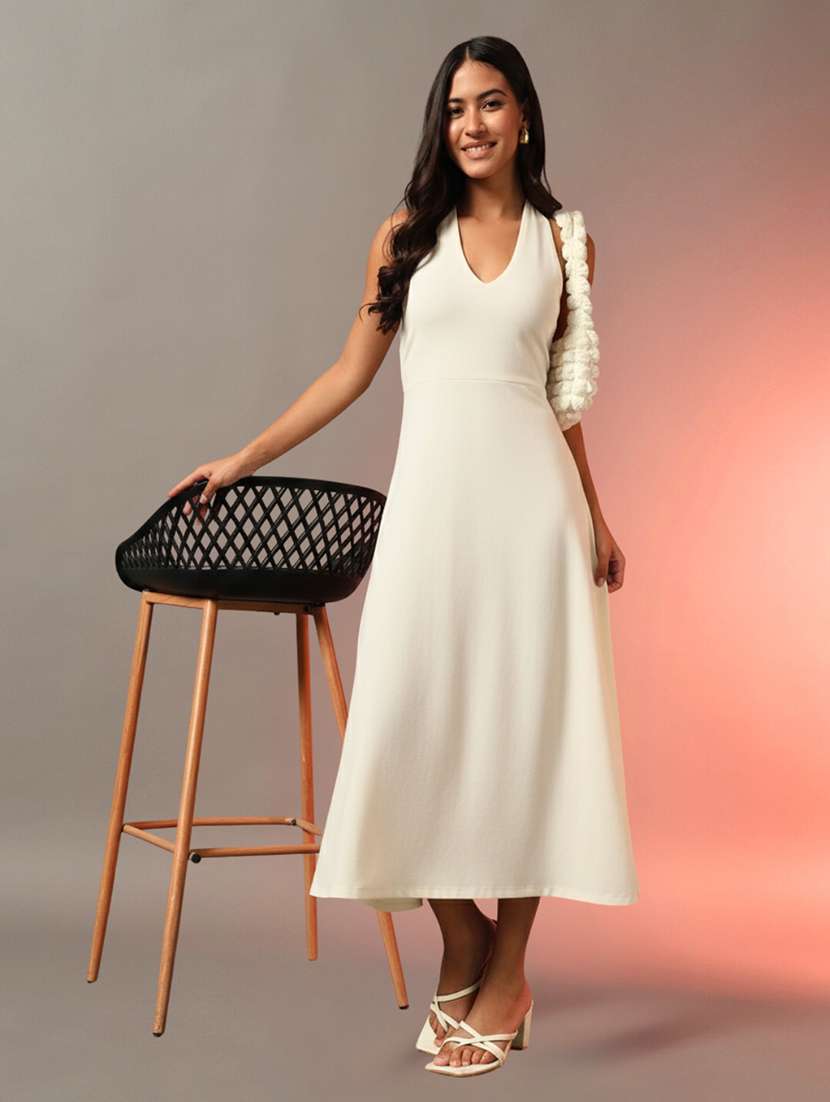 women solid halter neck fit and flare dress