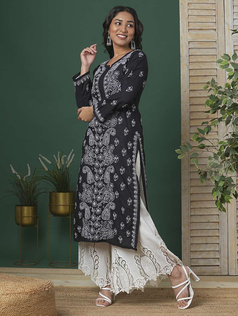 women solid with work long sleeve straight chikankari kurta - 22231307 -  Standard Image - 3
