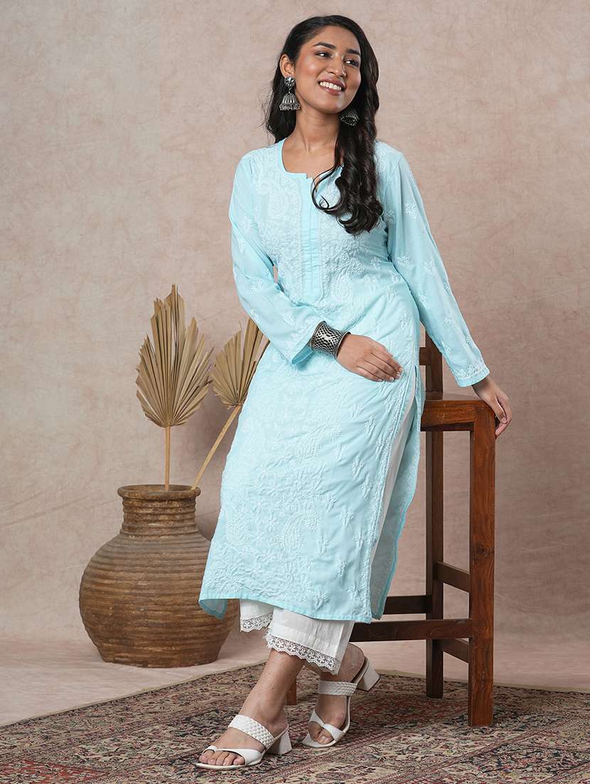 women solid with work long sleeve straight chikankari kurta
