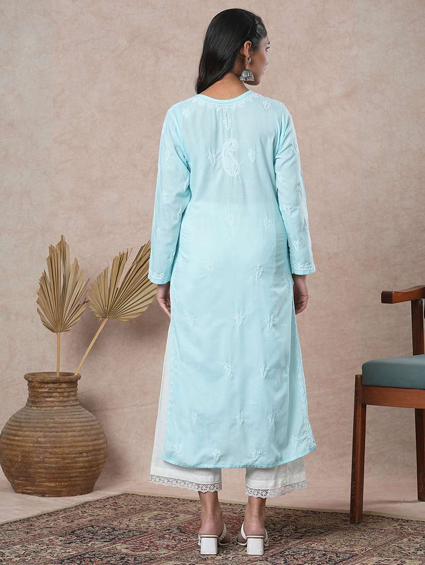 women solid with work long sleeve straight chikankari kurta - 22231313 -  Standard Image - 3
