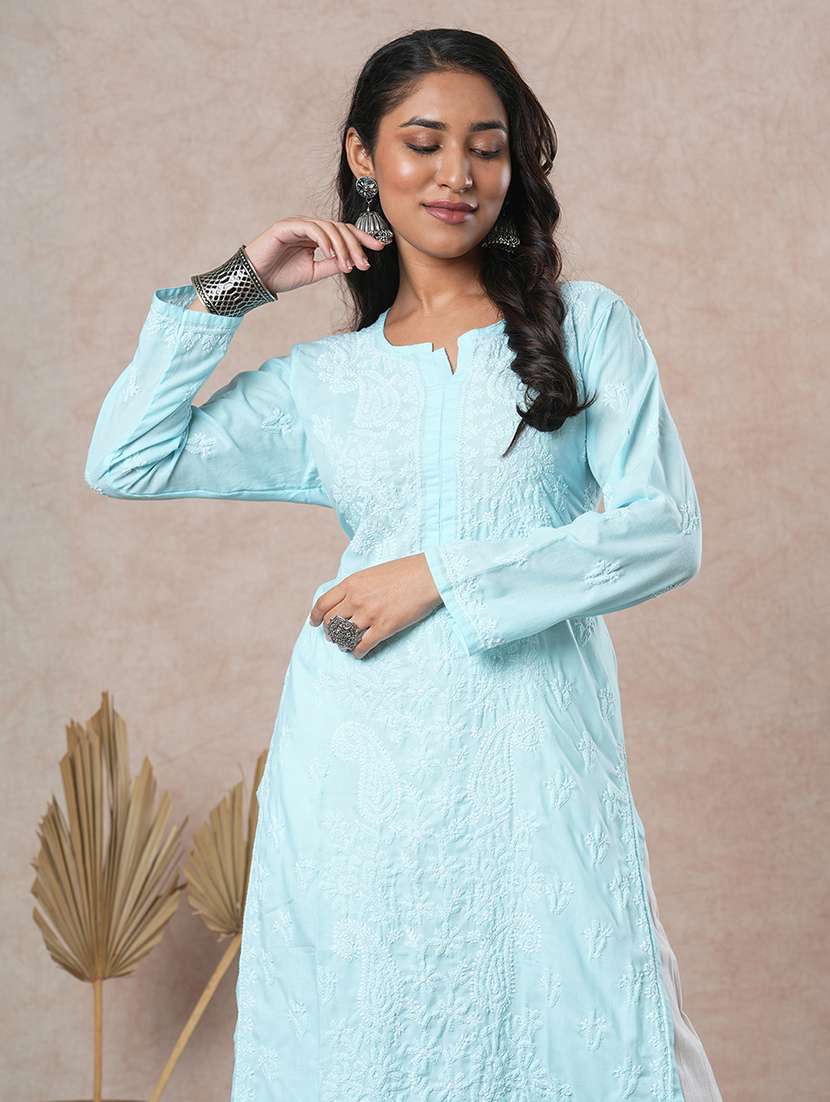 women solid with work long sleeve straight chikankari kurta - 22231313 -  Standard Image - 5