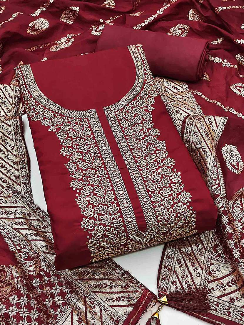 women solid with work unstitched suit set