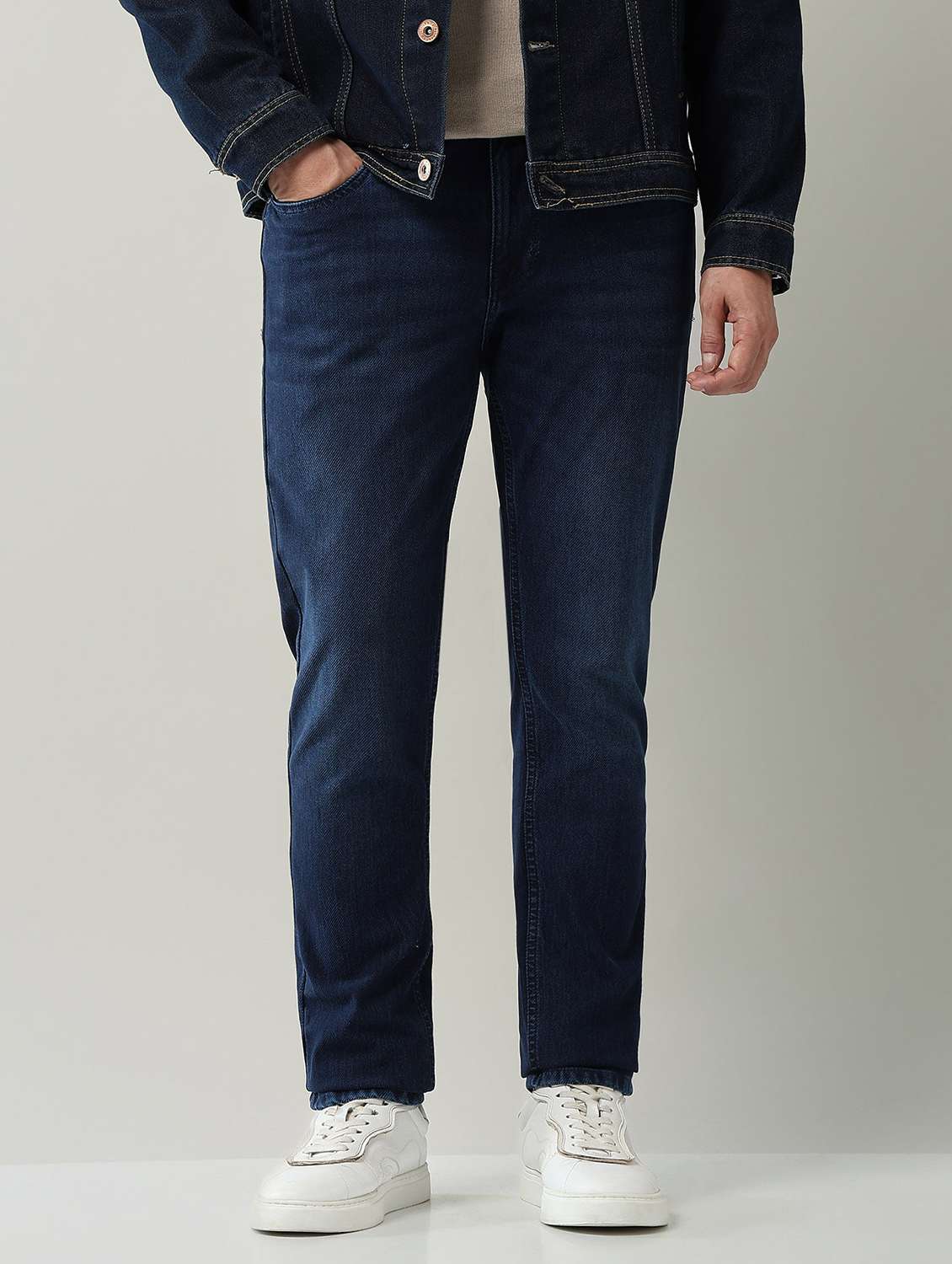 men washed high rise full length jeans